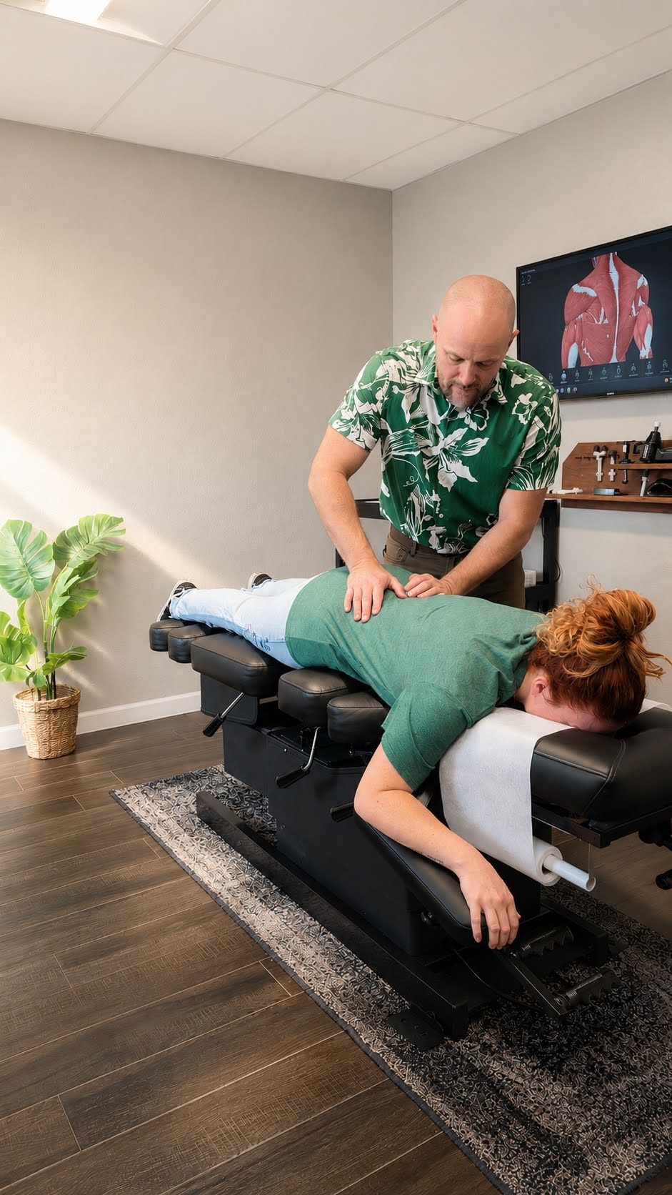 Dr. Brett Stewart adjusting a patient in a treatment room at Stewart Clinic of Chiropractic in Casa Grande
